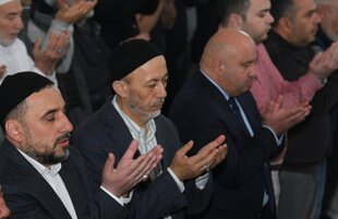 Festive prayer performed at Teze Pir mosque  Azerbaijan Baku april  10 2024
